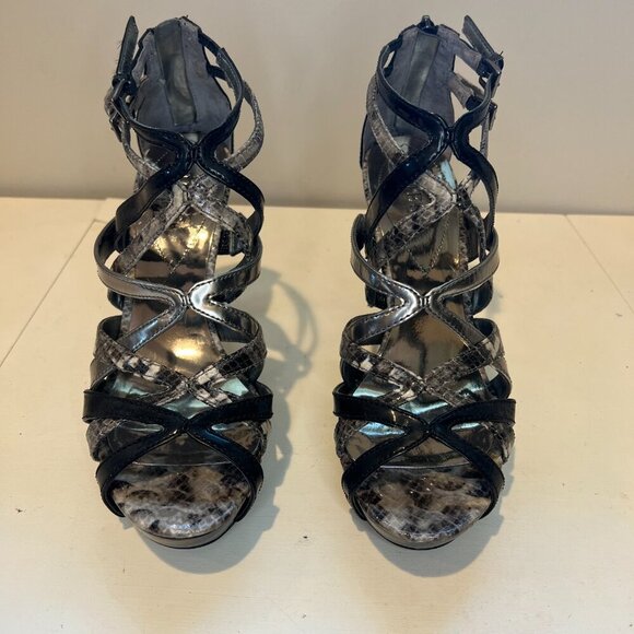 Like New Guess Black/Silver/Metallic Snakeskin Strappy Stiletto Heels, Size 8M - Picture 2 of 13